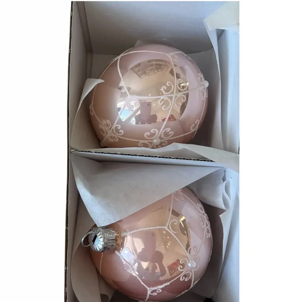 NEW Vitbis Poland Handcrafted Glass Ornaments Set of 6 Pink w/ White Glitter